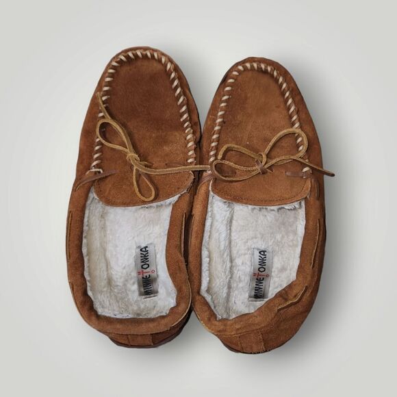 Minnetonka Brown Suede Moccasin Slippers Pile Lined Hard Soled 3902 11 - Picture 10 of 12